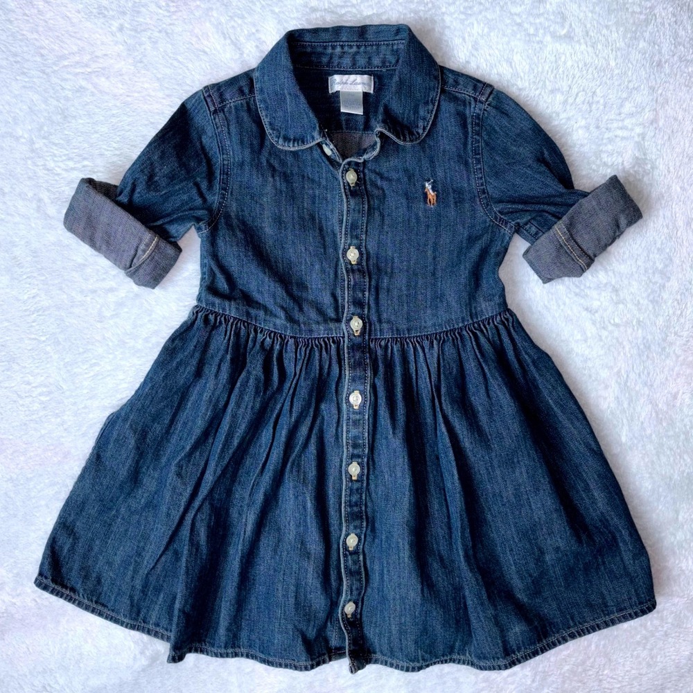 Ralph Lauren Baby Girls Denim Fit and Flare Shirt Dress with Bloomers 12M